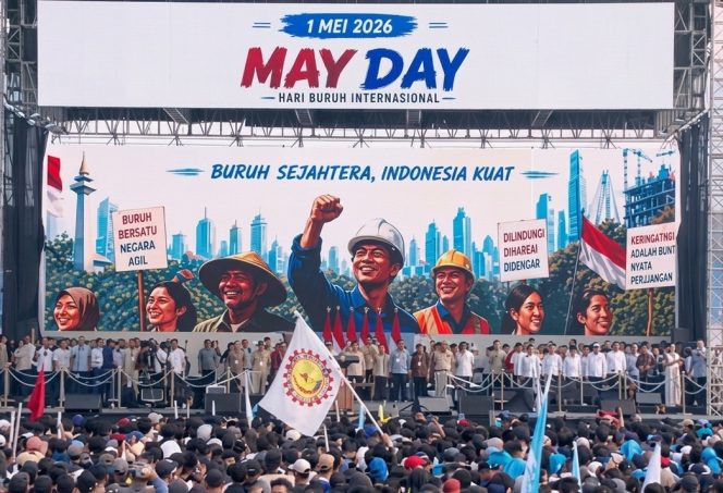 
					Ribuan Buruh di Monas Antre Sembako Gratis dari Istana pada Peringatan May Day 2026